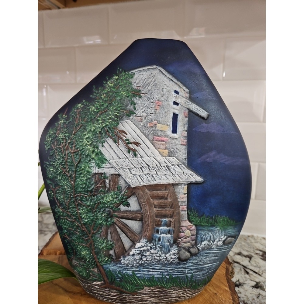BEAUTIFUL Vintage Watermill Hand -Painted Clay Vase 1990's